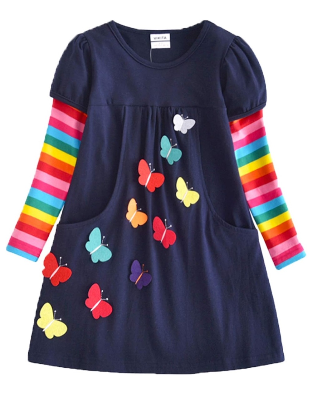 Long Sleeve Butterfly Dress with Rainbow Sleeves VIKITA for Girls 5 to 6